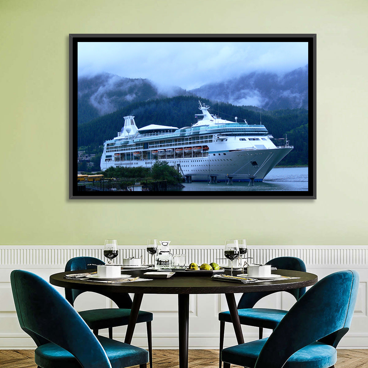 Misty Docked Cruise Ship Wall Art in a room, landscape