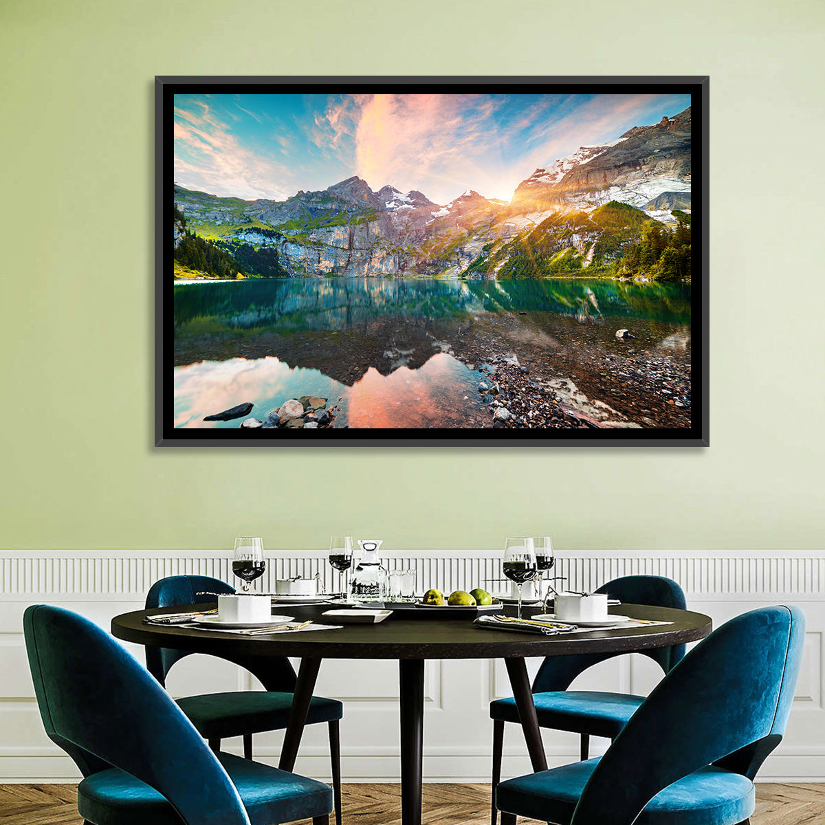 Oeschinensee Reflection Wall Art in a room, landscape