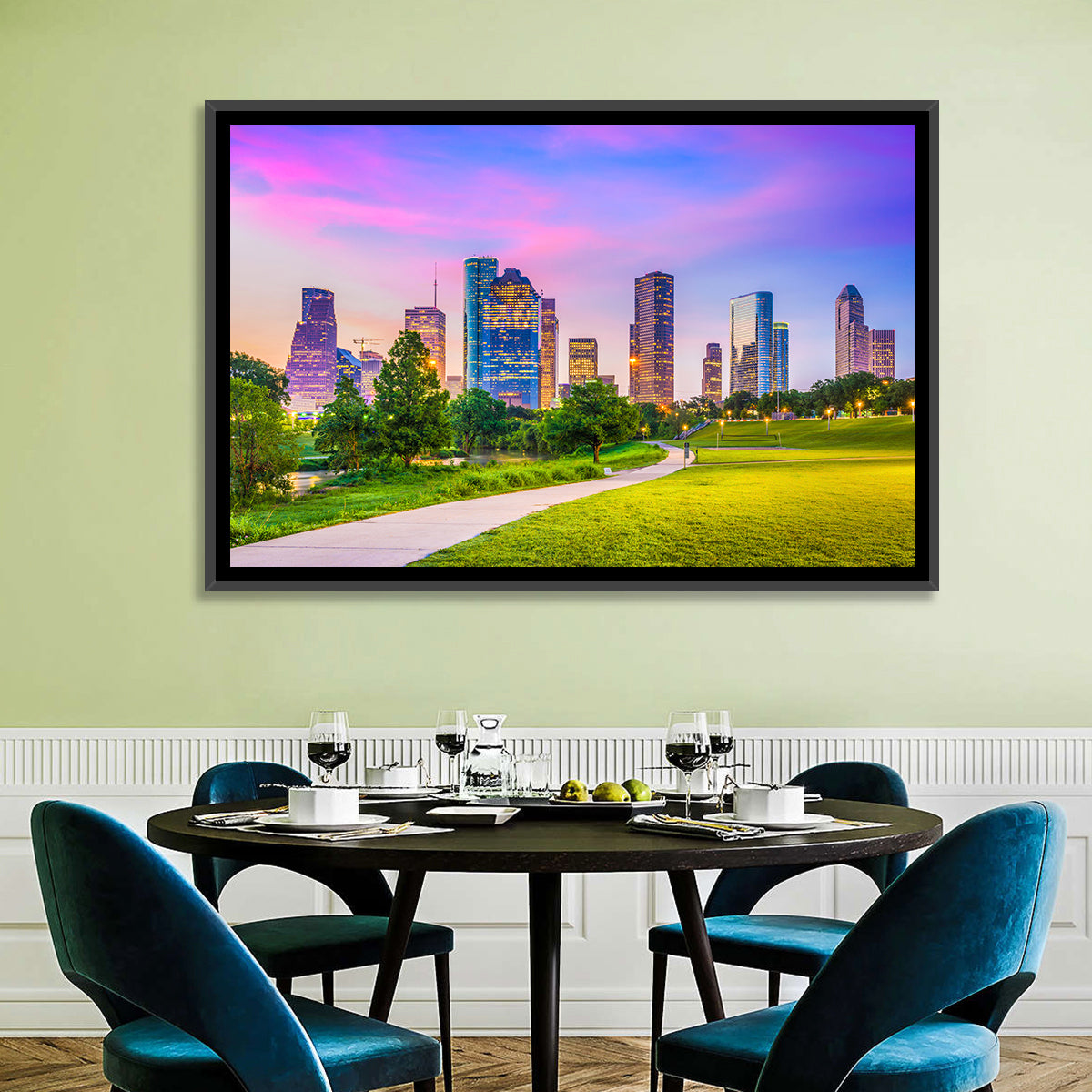 Houston Skyline at Dusk Wall Art in a room, landscape