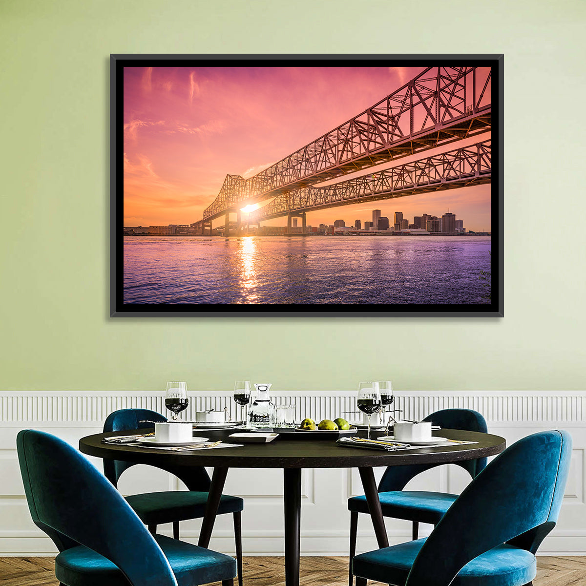 Crescent City Connection at Sunset Wall Art in a room, landscape