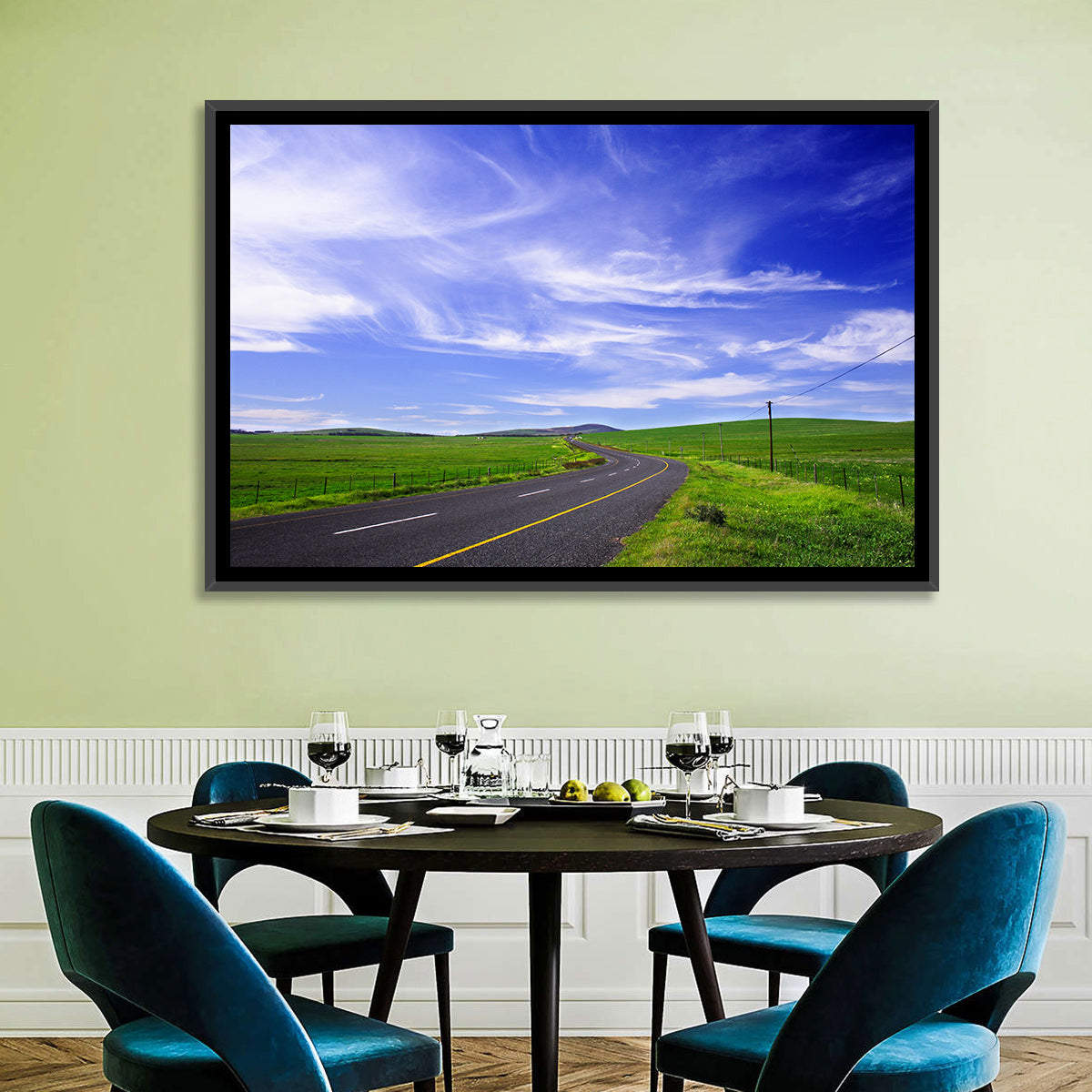Winding Country Road in Green Fields Wall Art in a room, landscape