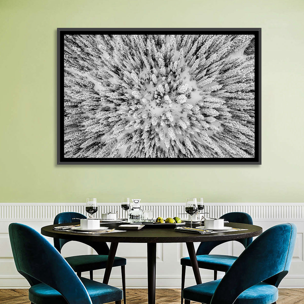 Snowy Aerial Forest Wall Art in a room, landscape