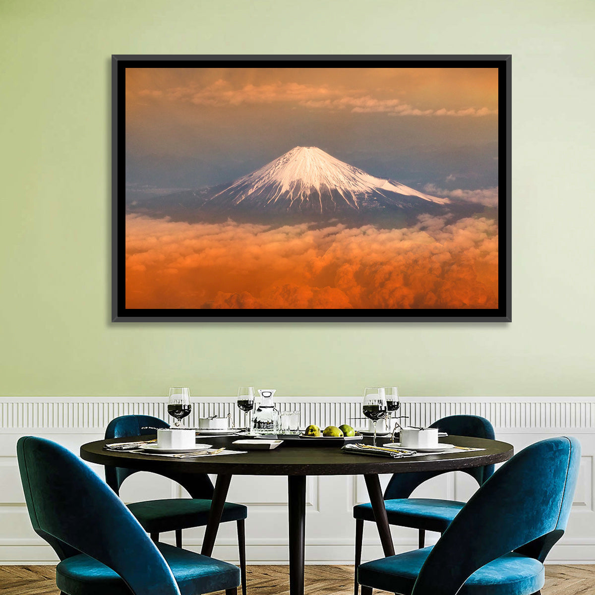 Snow-capped Mount Fuji at Sunset Wall Art in a room, landscape