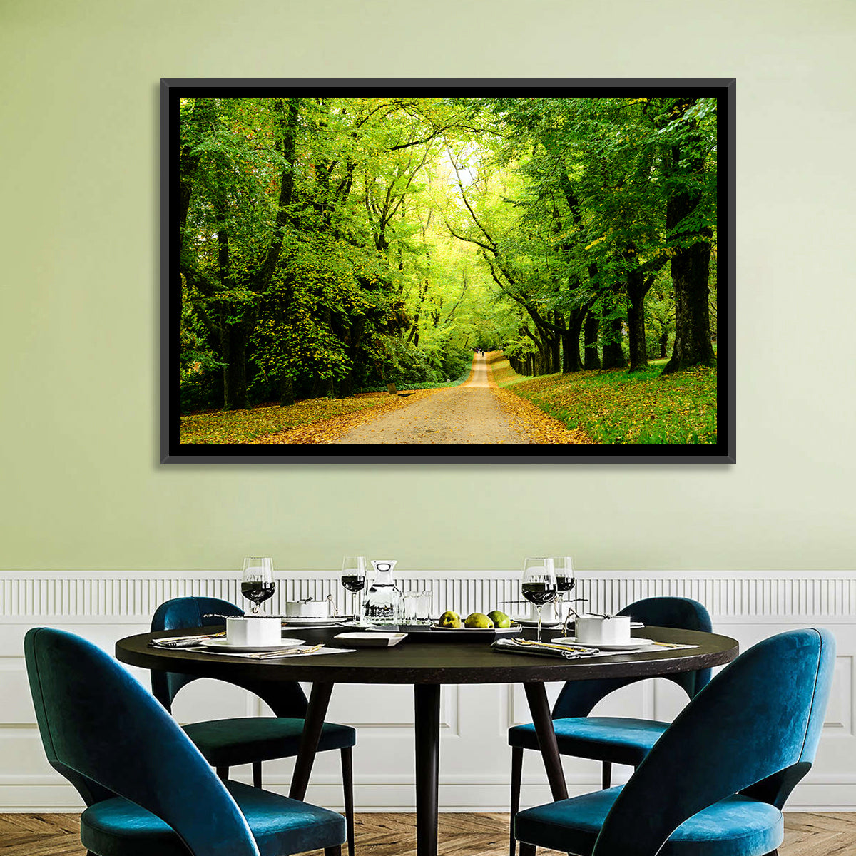 Sunlit Forest Pathway Wall Art in a room, landscape
