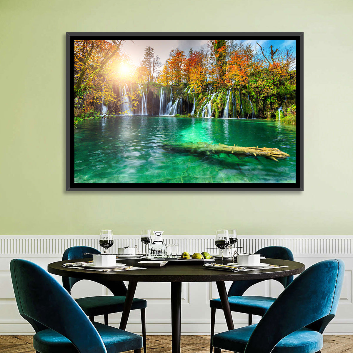 Autumn Waterfalls at Plitvice Lakes Wall Art in a room, landscape