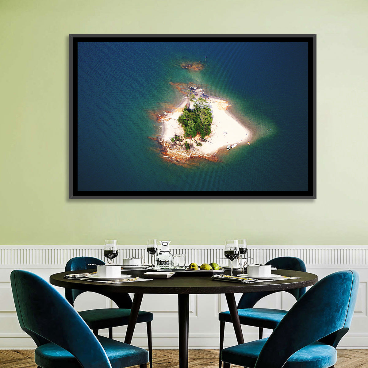Lake Lanier Island Aerial View Wall Art in a room, landscape
