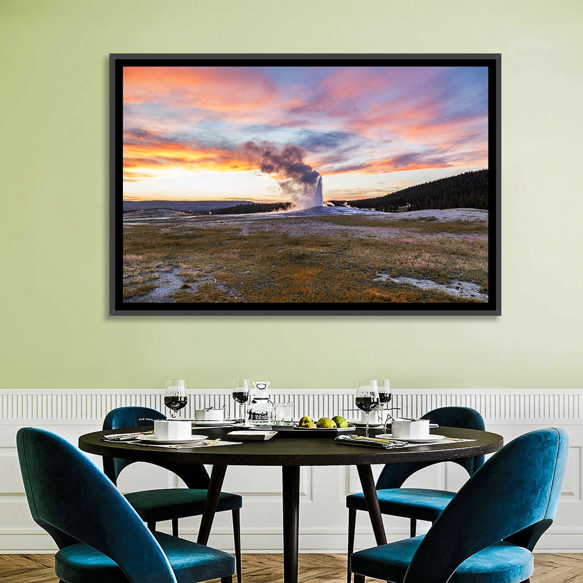 Old Faithful Erupting at Sunset Wall Art in a room, landscape