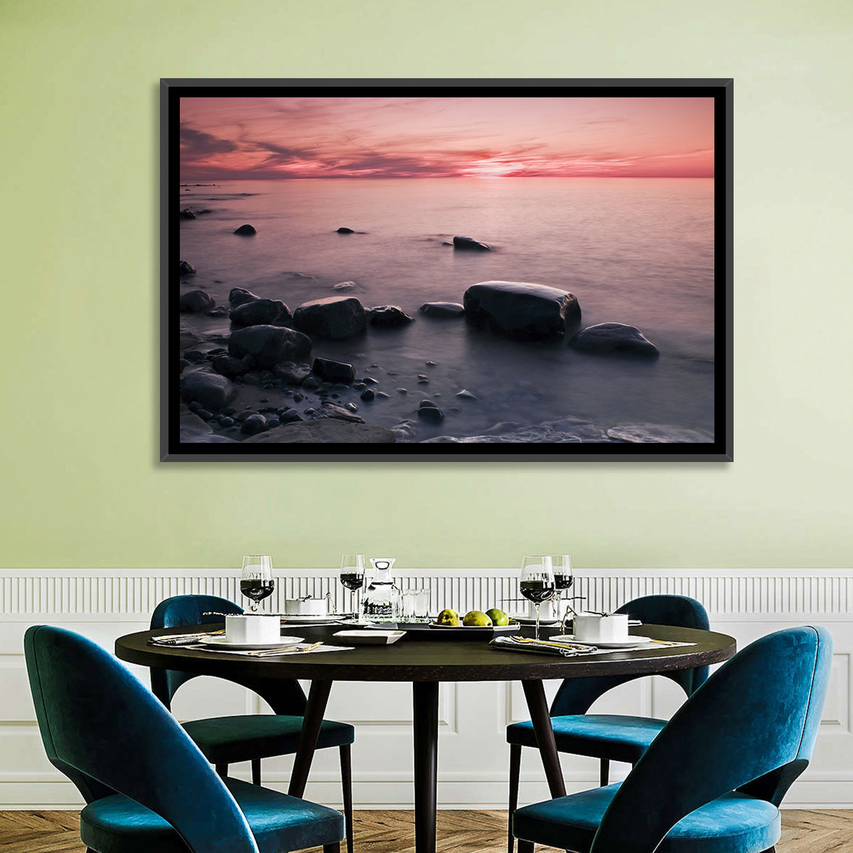 Pink Dusk Lakeshore with Silhouetted Rocks Wall Art