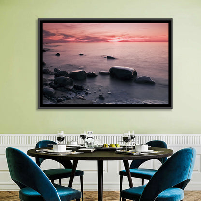 Pink Dusk Lakeshore with Silhouetted Rocks Wall Art