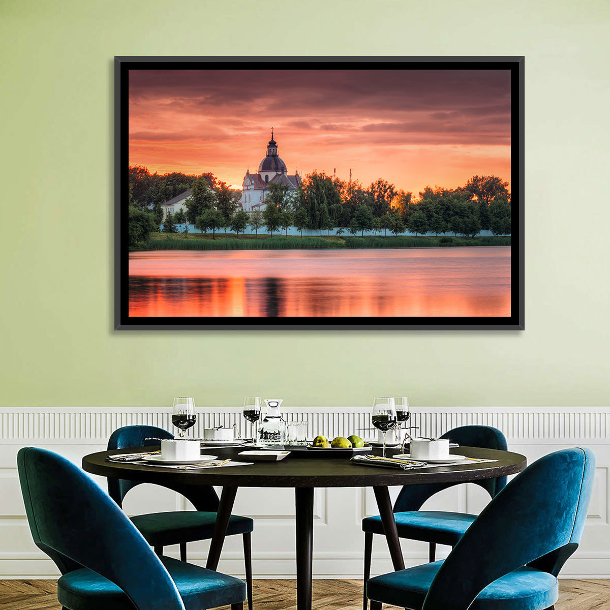 Corpus Christi Church Sunset Reflection Wall Art in a room, landscape