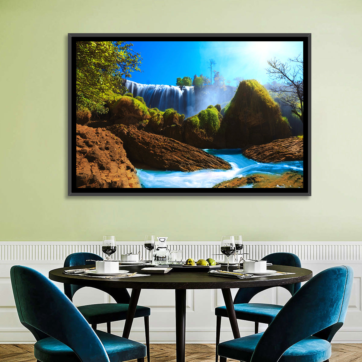 Sunlit Turquoise Waterfall Wall Art in a room, landscape