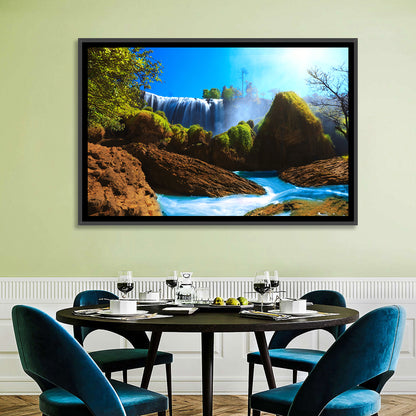 Sunlit Turquoise Waterfall Wall Art