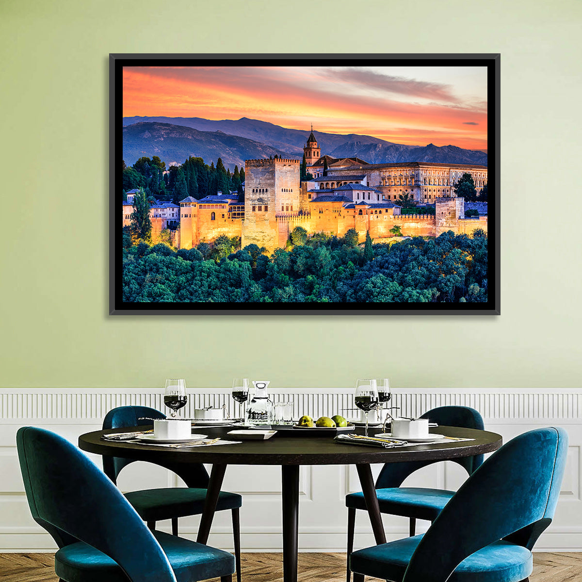 Alhambra Fortress at Golden Sunset Wall Art in a room, landscape