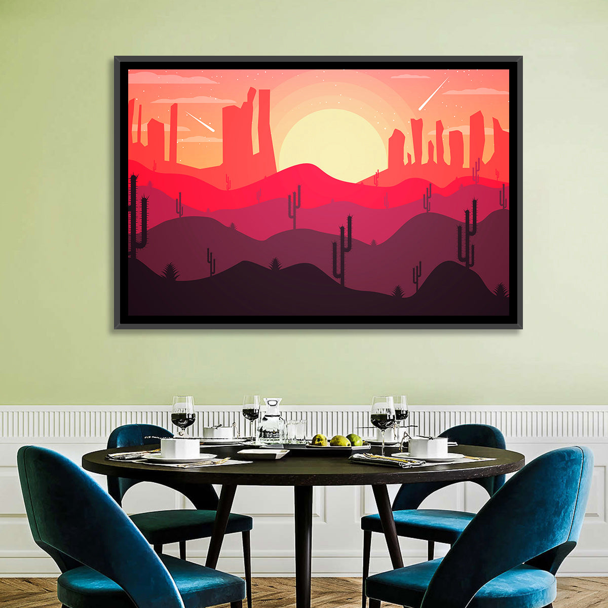 Sunset Desert Cacti Wall Art in a room, landscape