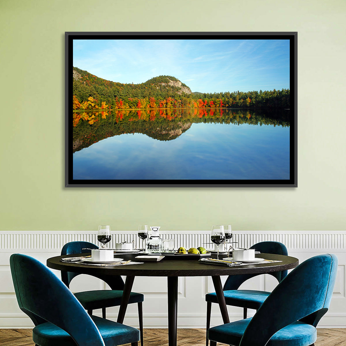 Echo Lake Autumn Reflection Wall Art in a room, landscape