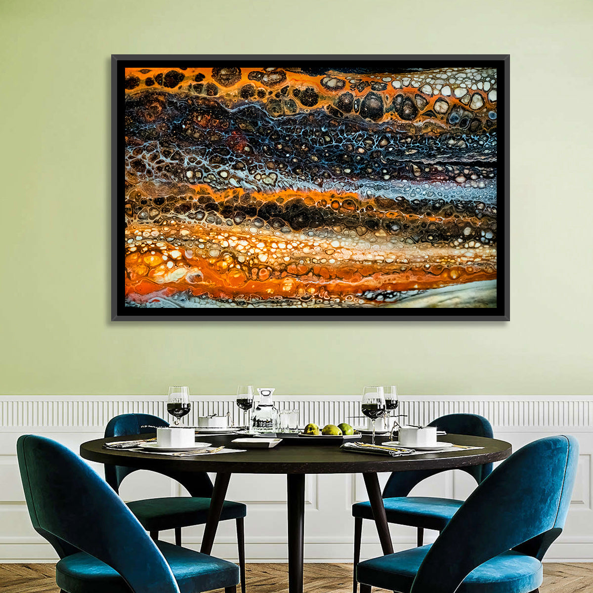 Cosmic River Strata Abstract Pour Wall Art in a room, landscape