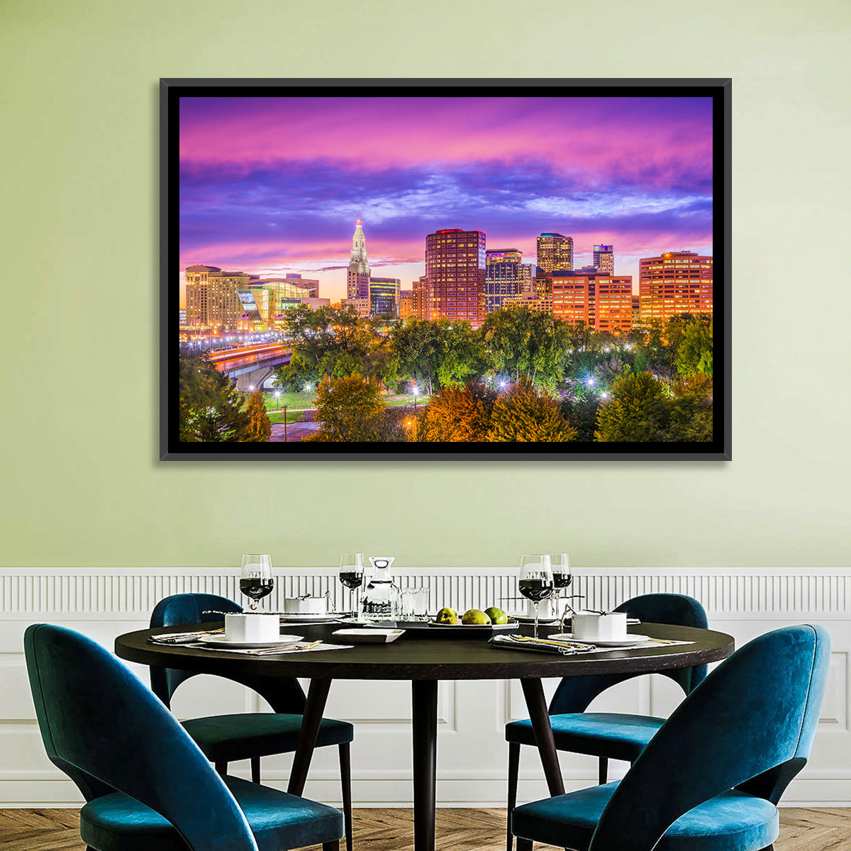 Hartford Skyline at Dusk Wall Art in a room, landscape
