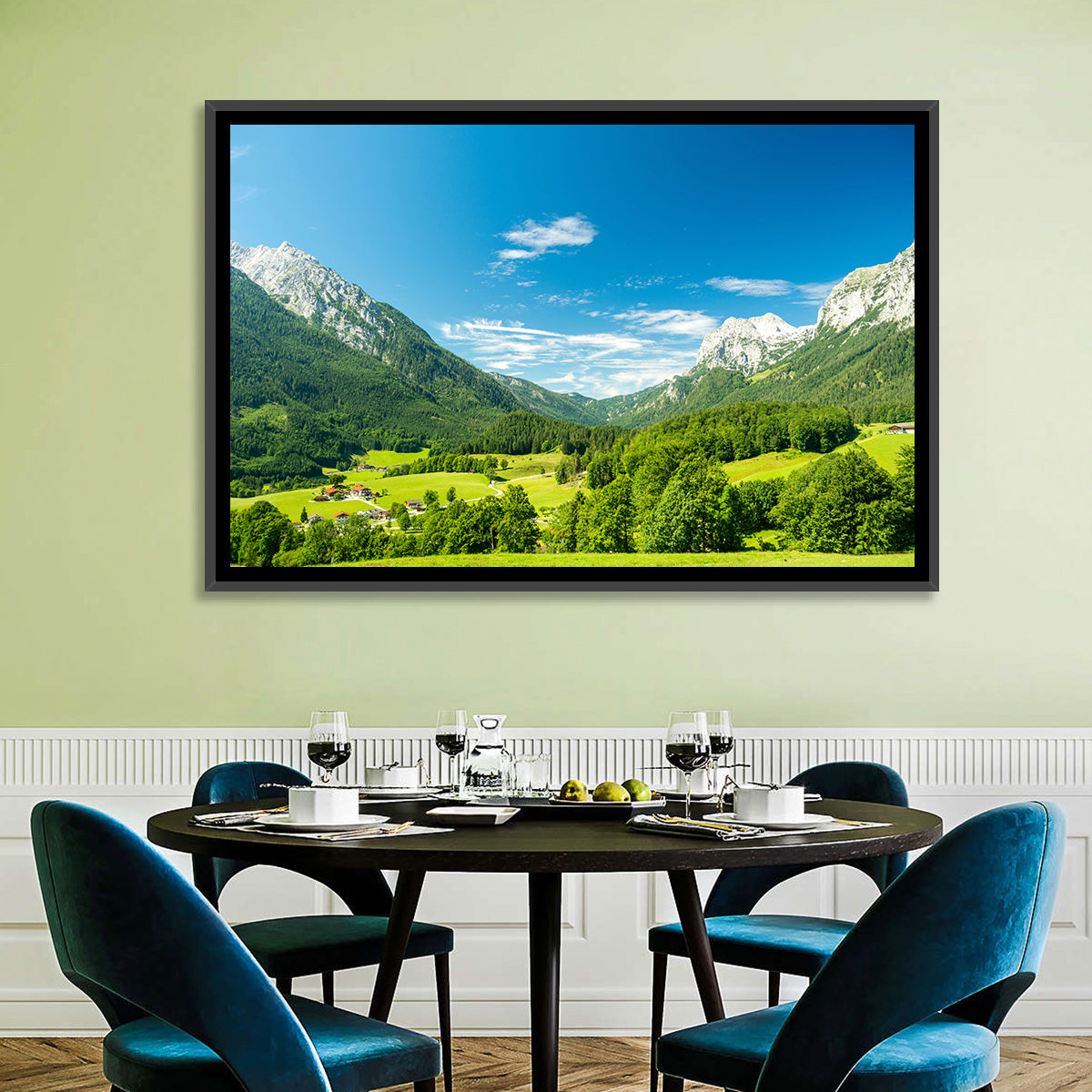 Bavarian Alpine Valley Wall Art in a room, landscape
