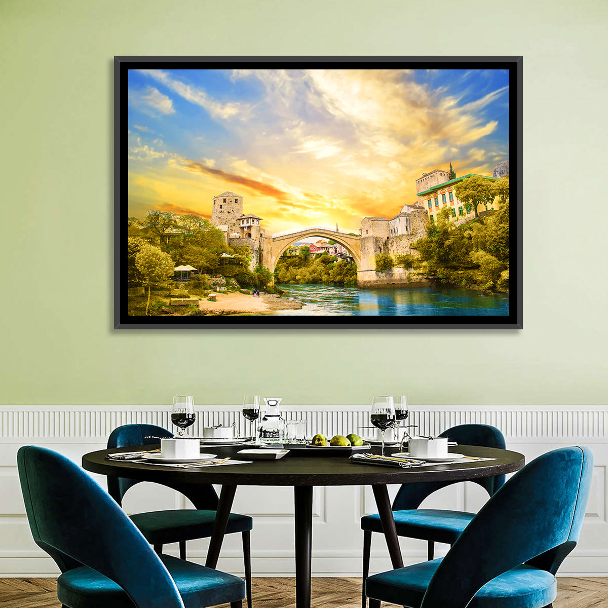 Stari Most at Sunset Wall Art in a room, landscape