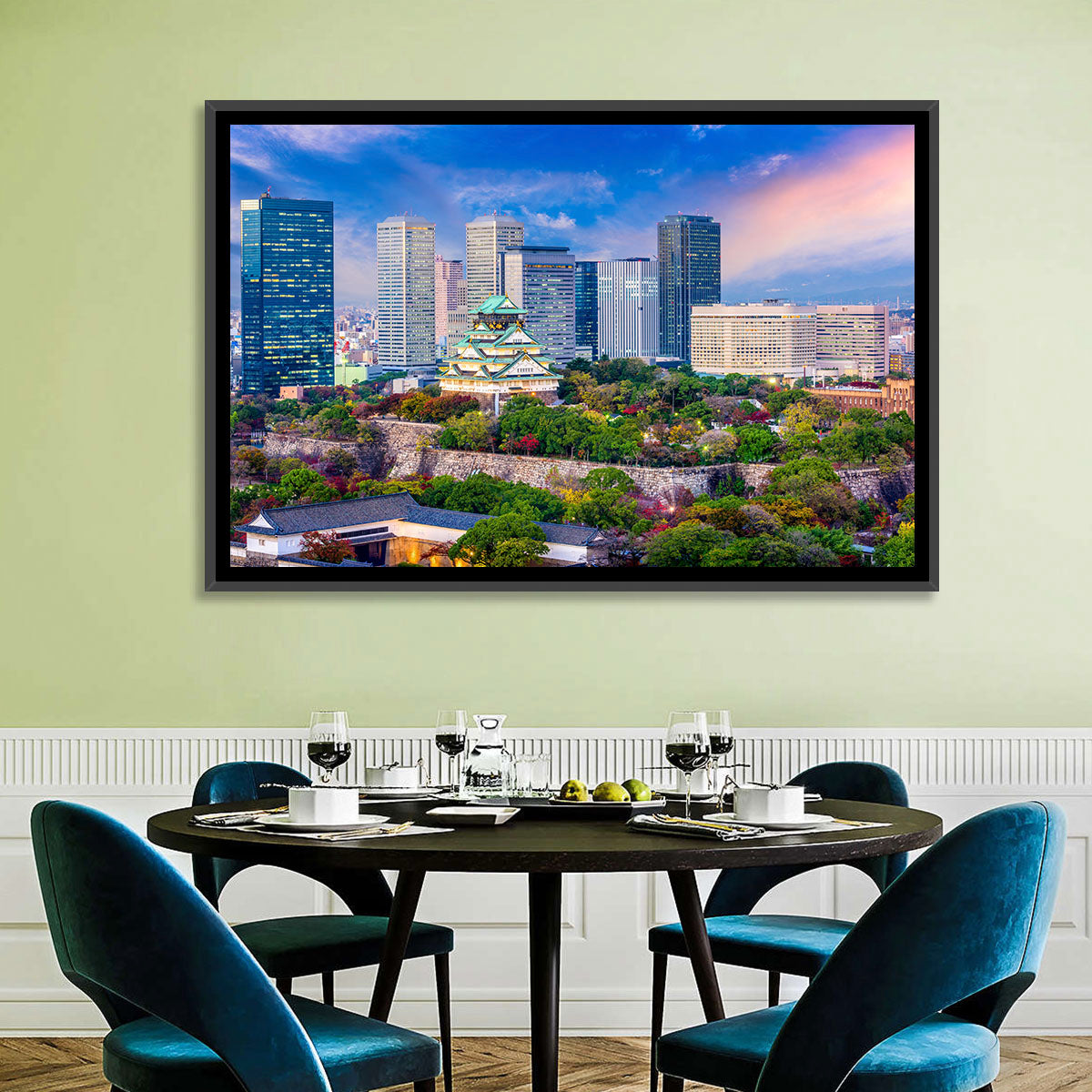 Osaka Castle Skyline at Dusk Wall Art in a room, landscape