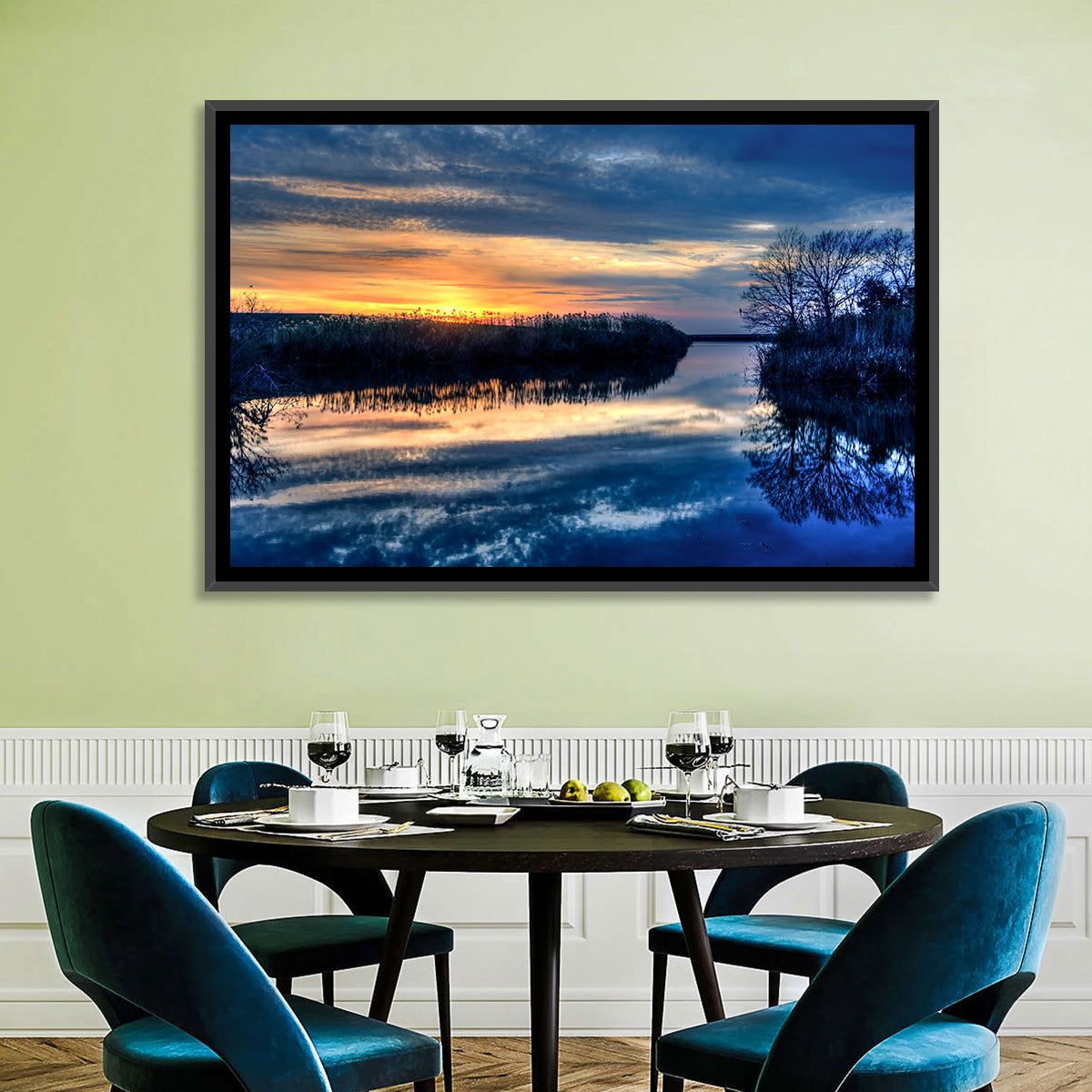 Louisiana Bayou Sunset Wall Art in a room, landscape