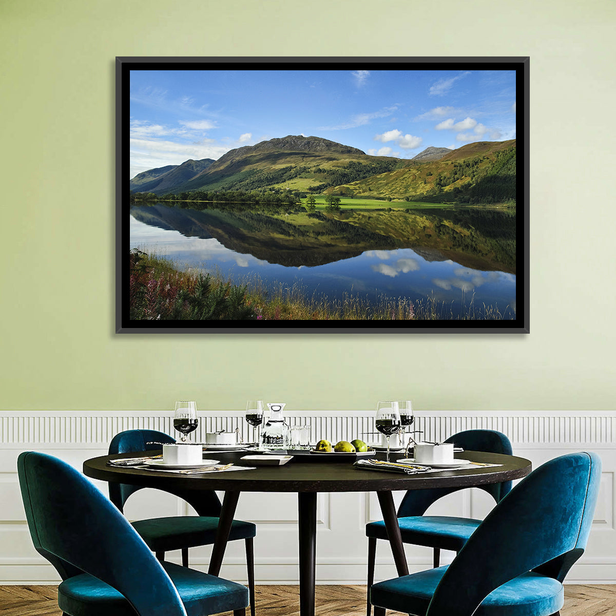 Irish Lake Reflection Wall Art in a room, landscape