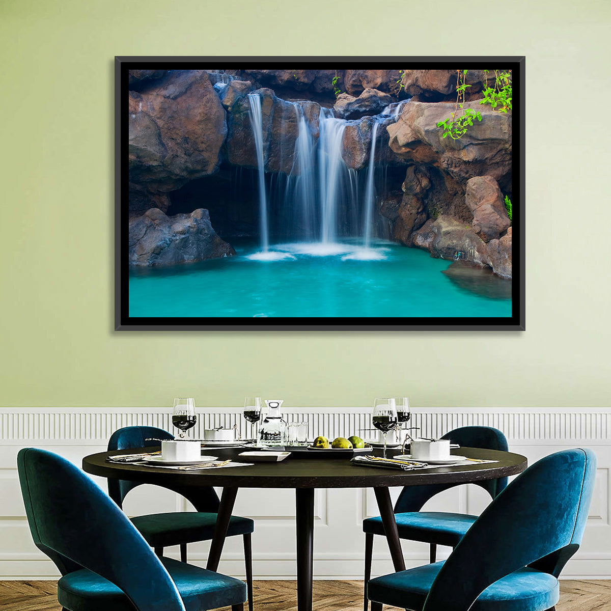 Waterfall Into Turquoise Pool Wall Art in a room, landscape