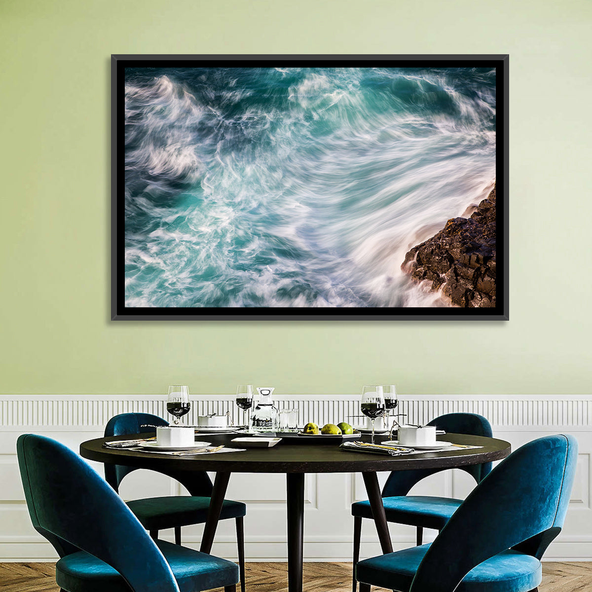 Silky Teal Ocean Waves Wall Art in a room, landscape