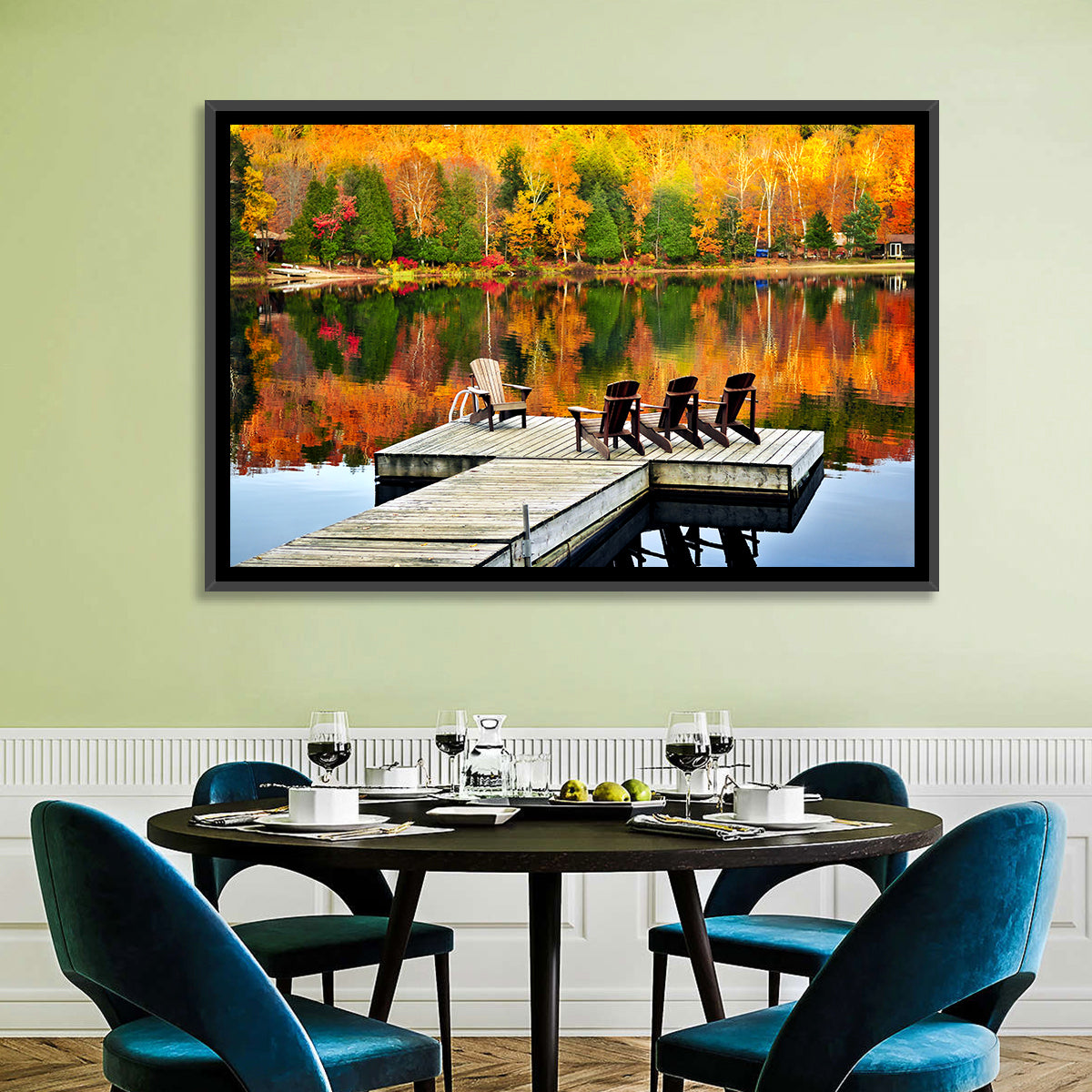Autumn Lake Dock with Adirondack Chairs Wall Art in a room, landscape