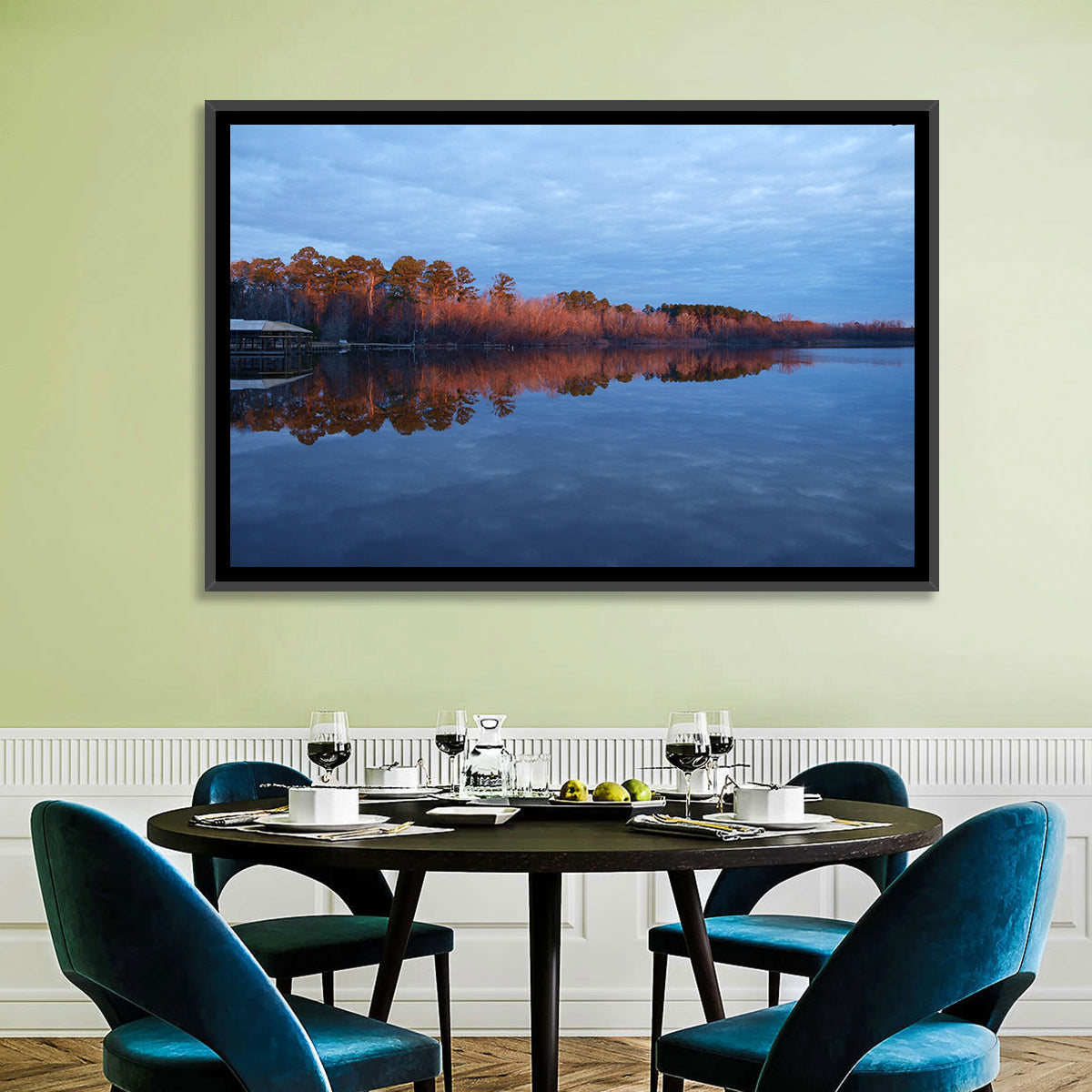 Lake Livingston Pier at Golden Hour Wall Art in a room, landscape
