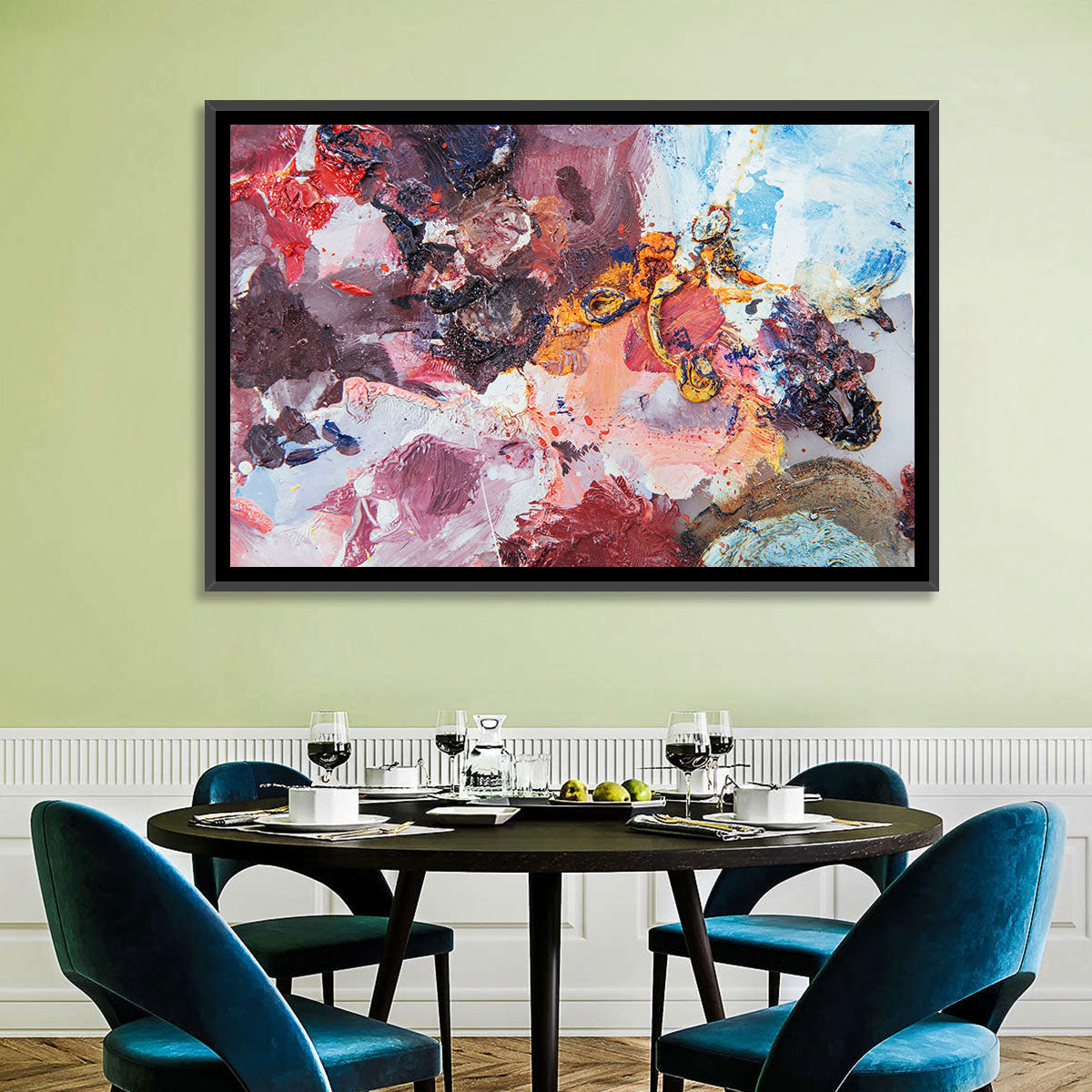 Impasto Color Swirl Abstract Wall Art in a room, landscape