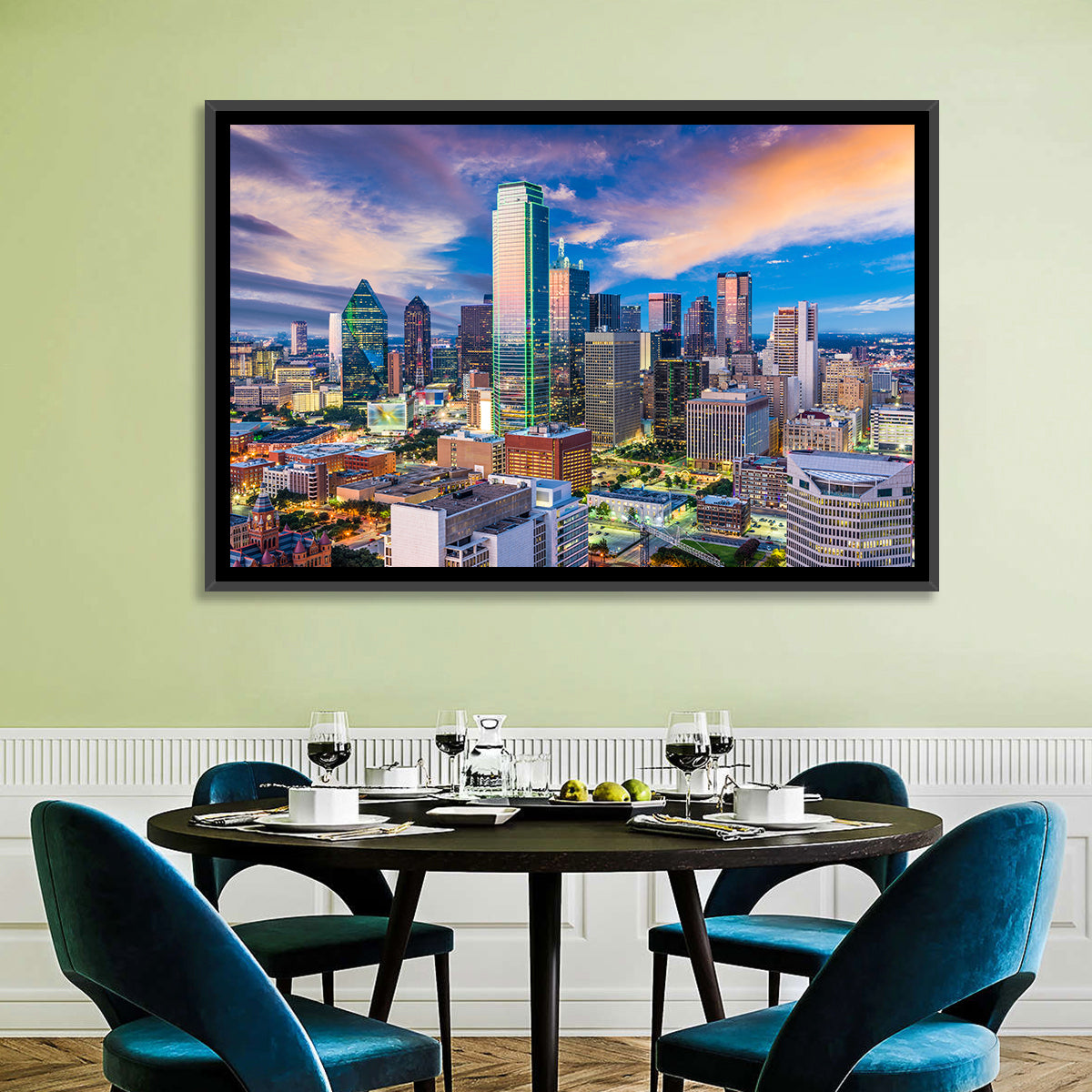 Dallas Twilight Skyline Wall Art in a room, landscape