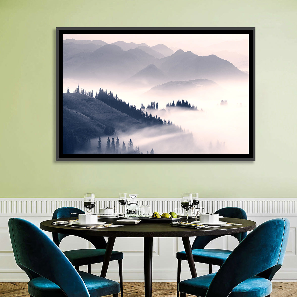 Carpathian Morning Mist Wall Art in a room, landscape