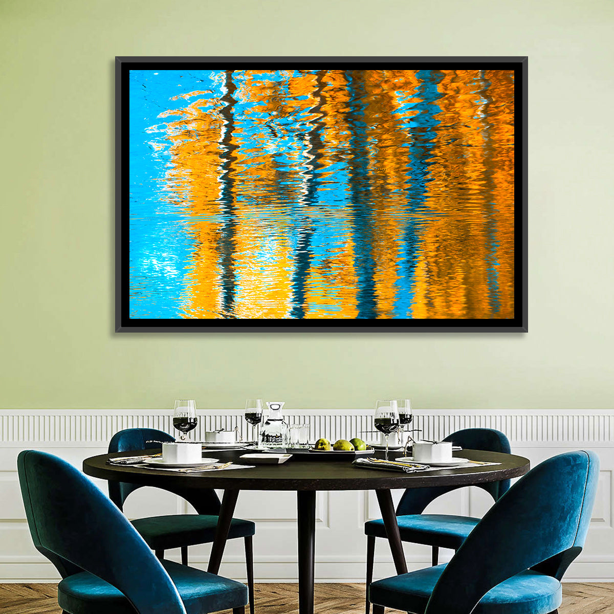 Blue Autumn Reflection Wall Art in a room, landscape