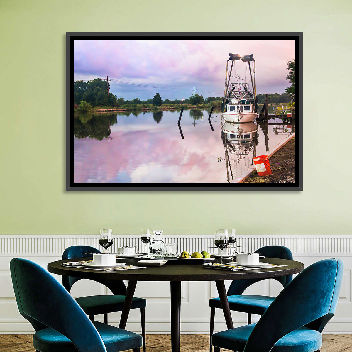 White Shrimp Boat on Louisiana Bayou Wall Art in a room, landscape