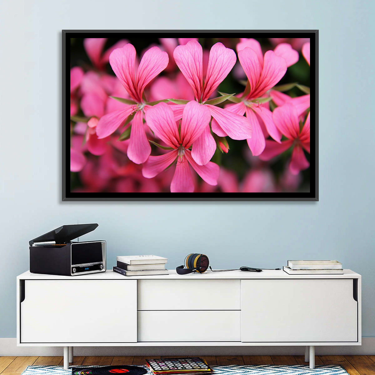 Pink Geranium Close Up Wall Art in a room, landscape