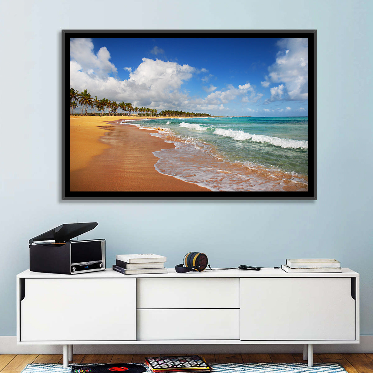 Palm Lined Tropical Coast Wall Art in a room, landscape