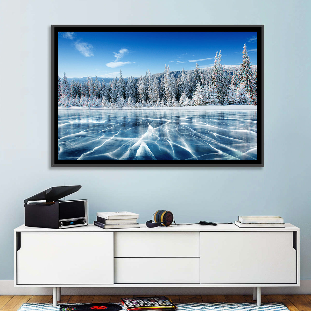 Cracked Ice Lake with Snowy Pines Wall Art