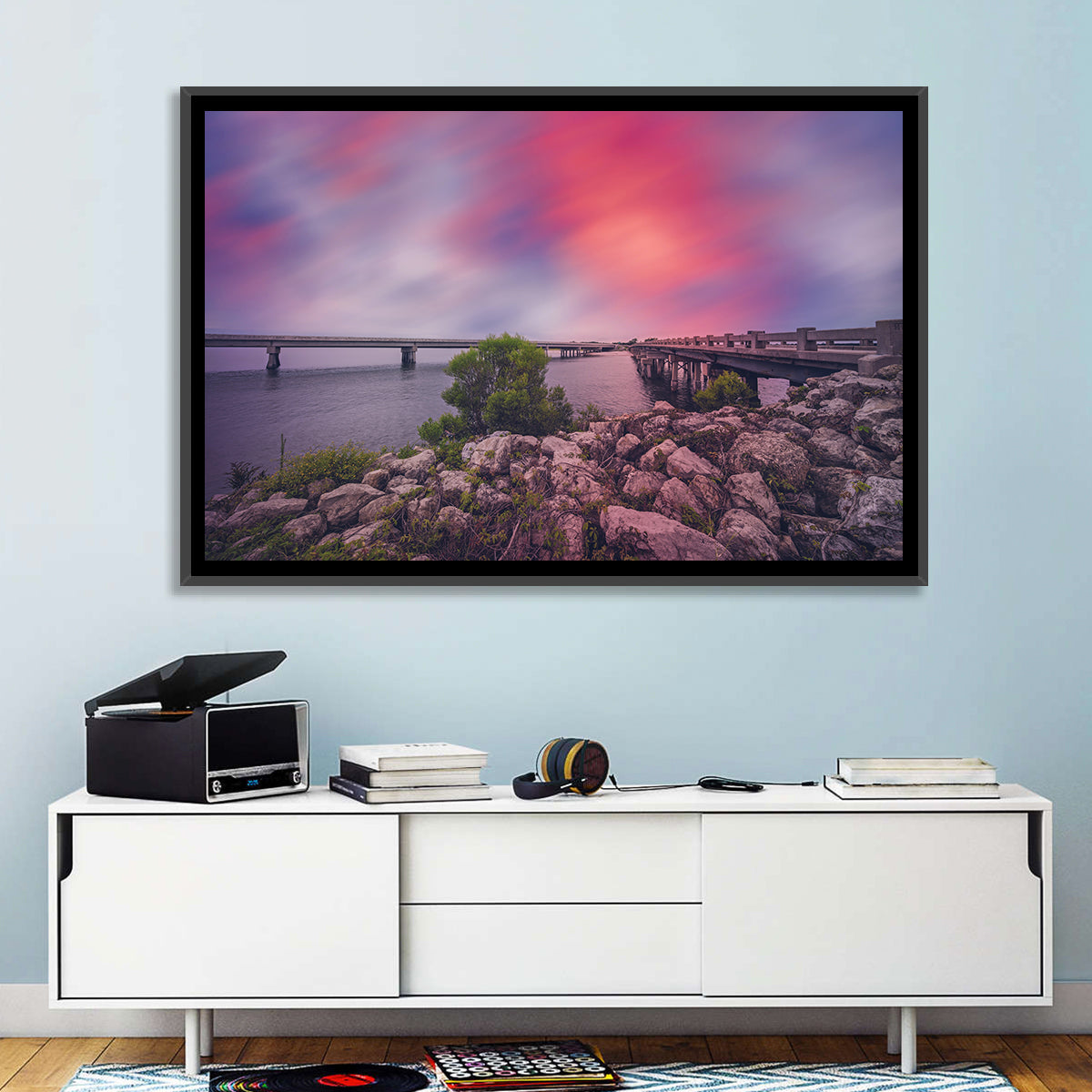 Amelia Island Sunset Bridge Wall Art in a room, landscape
