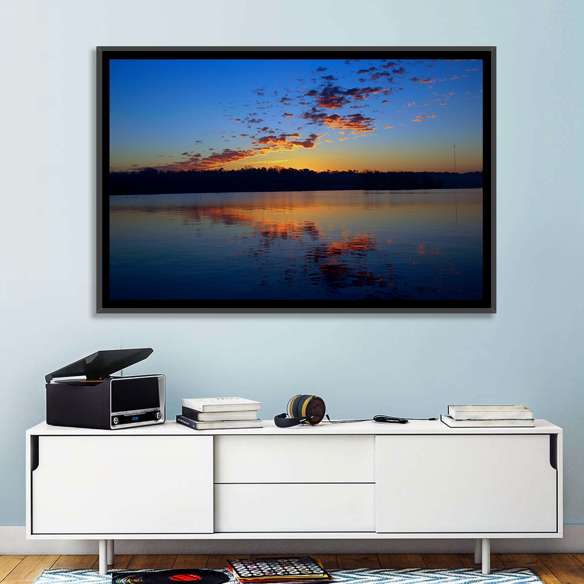 Lake Livingston Sunset Reflection Wall Art in a room, landscape