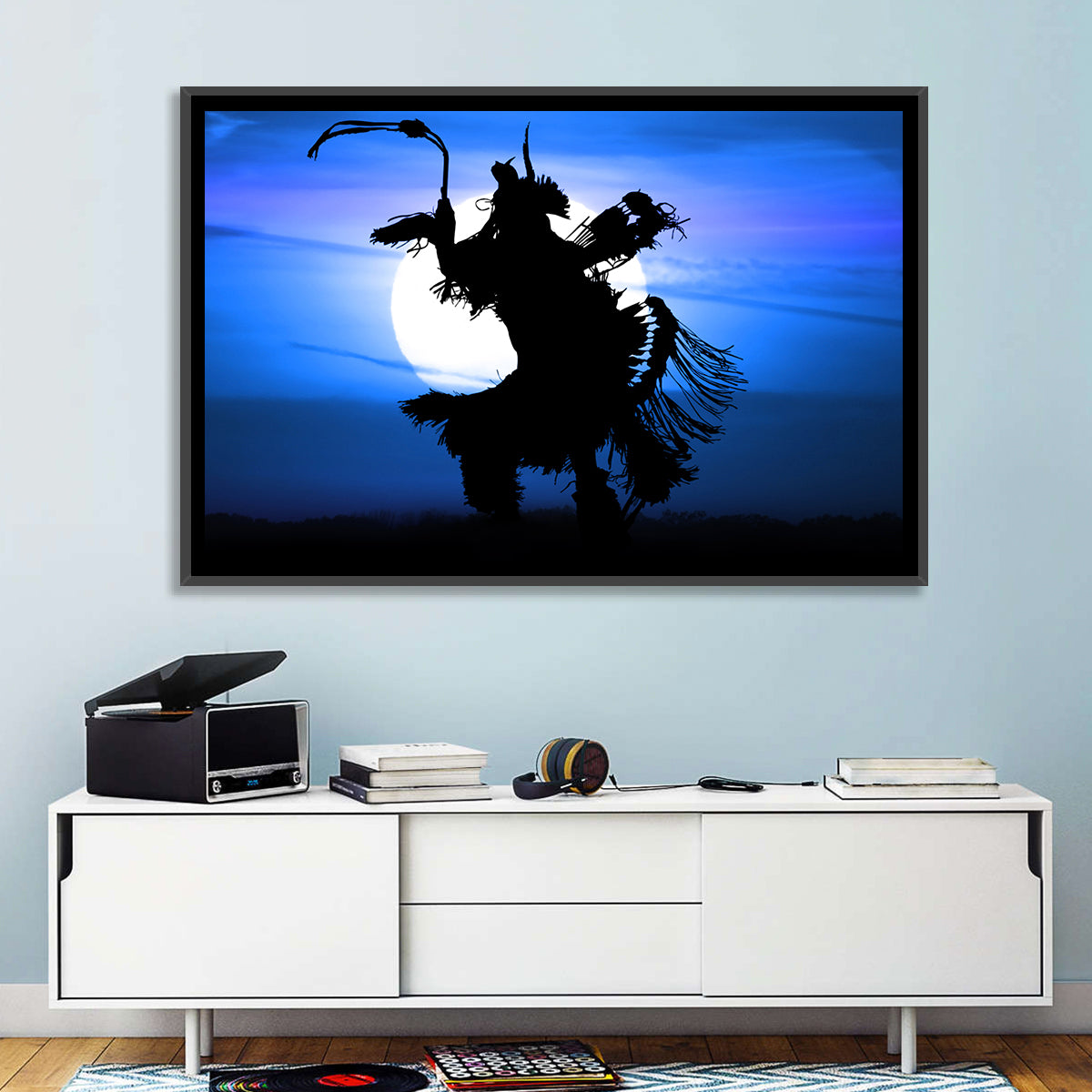 Moonlit Pow Wow Dancer Wall Art in a room, landscape