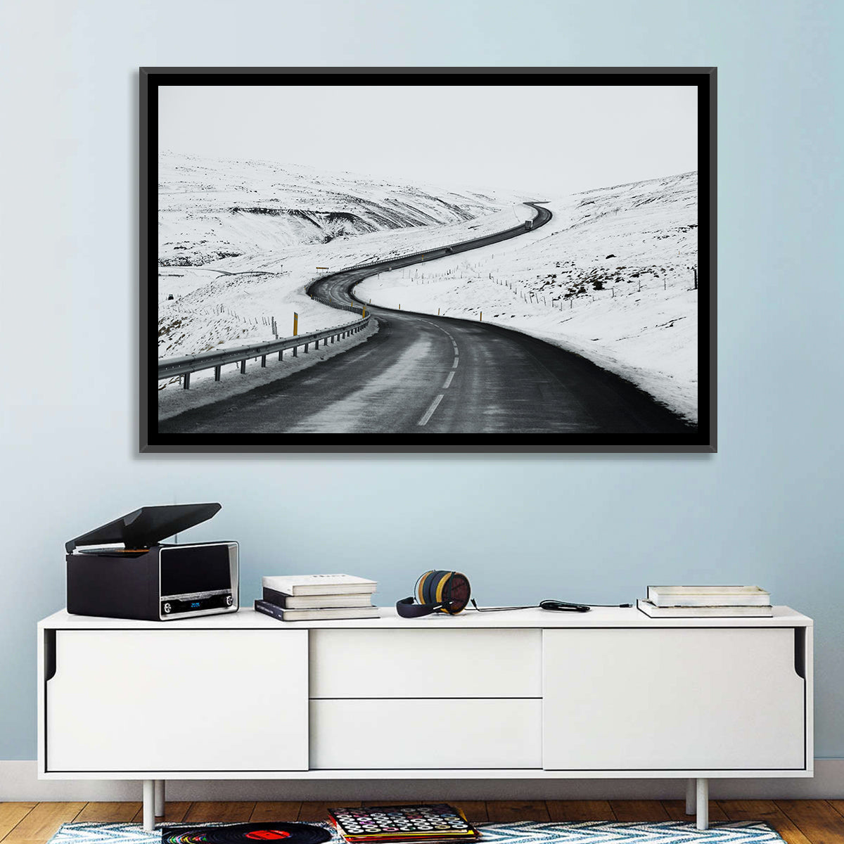 Winding Snow Road with Yellow Markers Wall Art