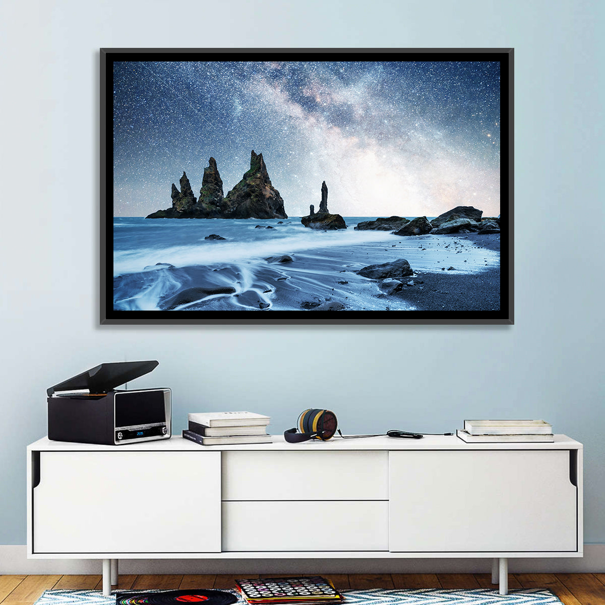 Reynisdrangar Sea Stacks Night Wall Art in a room, landscape