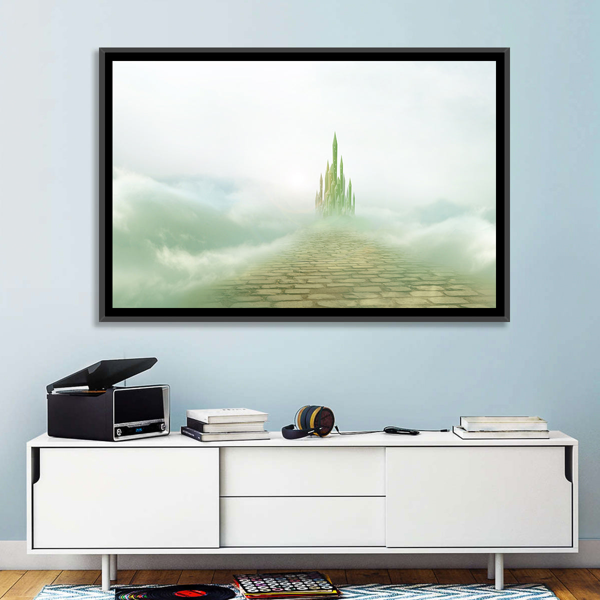 Cobblestone Path to Emerald Castle Wall Art in a room, landscape