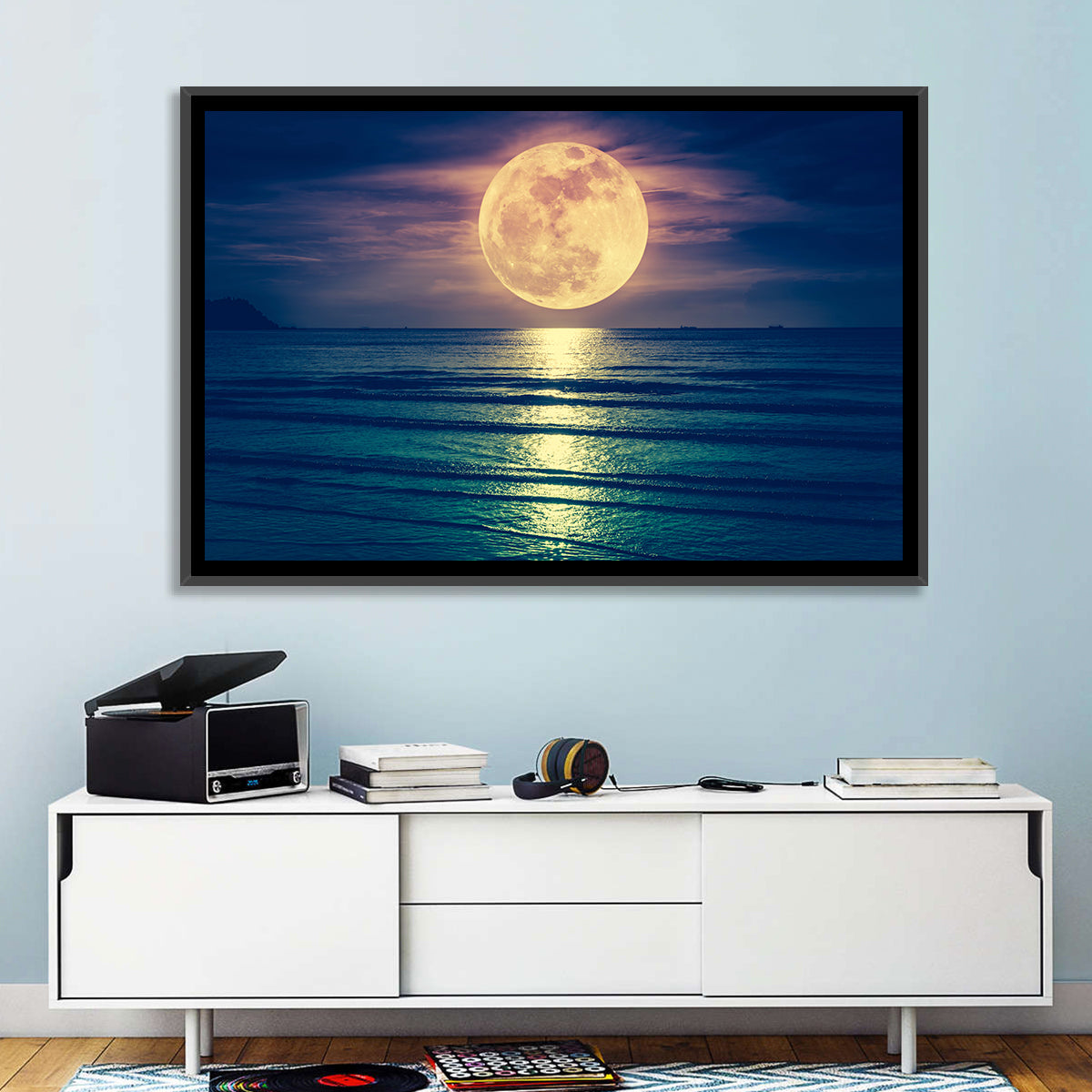 Supermoon Over Calm Sea Wall Art in a room, landscape