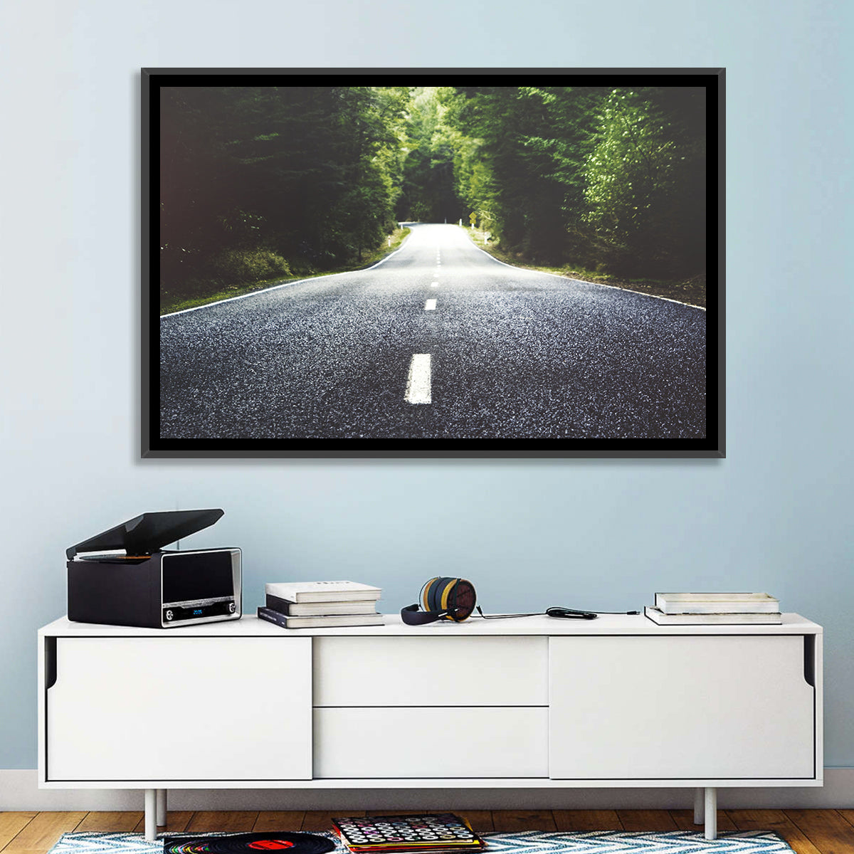 Summer Forest Road with Yellow Sign Wall Art in a room, landscape