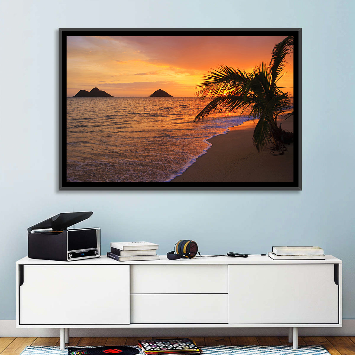 Lanikai Sunrise Over Na Mokulua Wall Art in a room, landscape