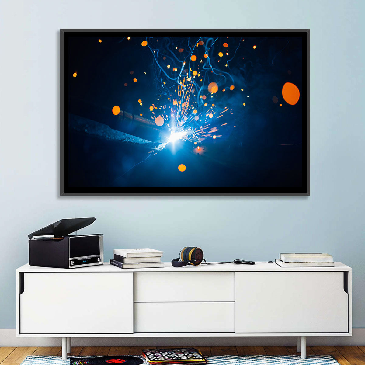 Welding Sparks Close-up Wall Art in a room, landscape