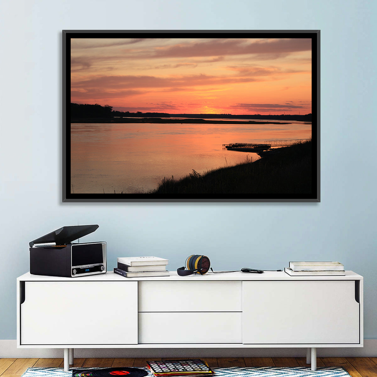 Missouri River Sunset at Dusk Wall Art in a room, landscape