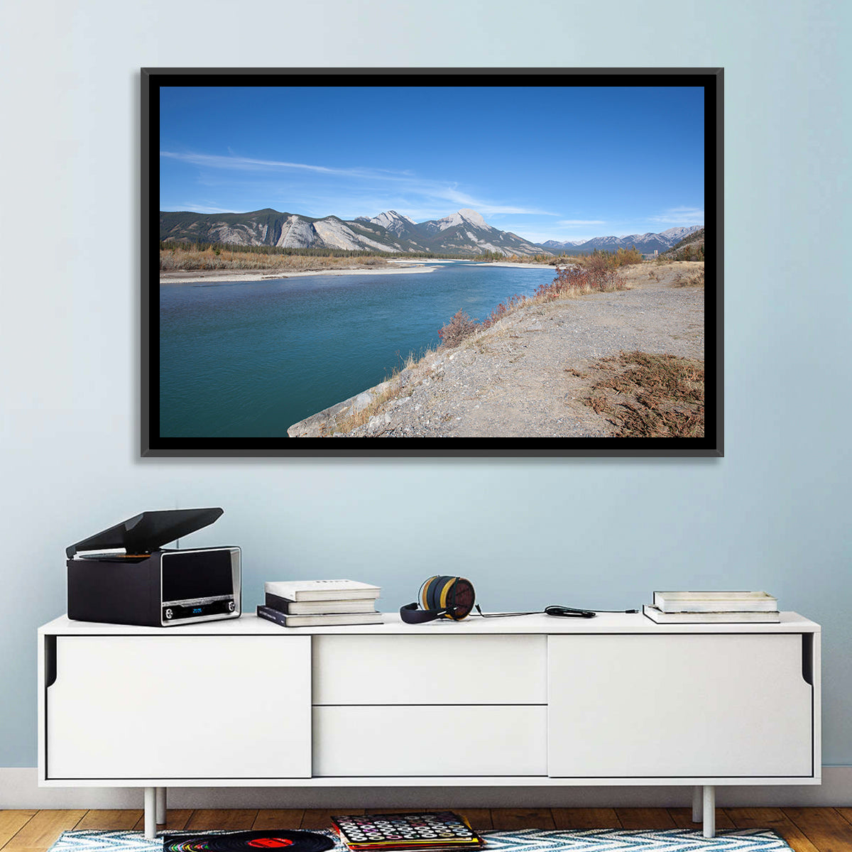 Mount Aeolus Over Athabasca Riverbank Wall Art in a room, landscape